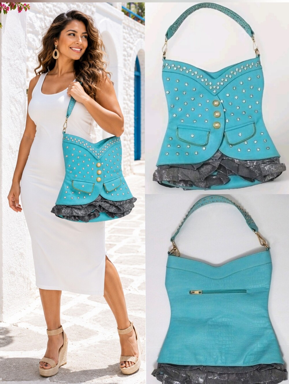 Women's Turquoise Rhinestone Pearl Shoulder Bag Y2K Boho Glam Ruffle Purse